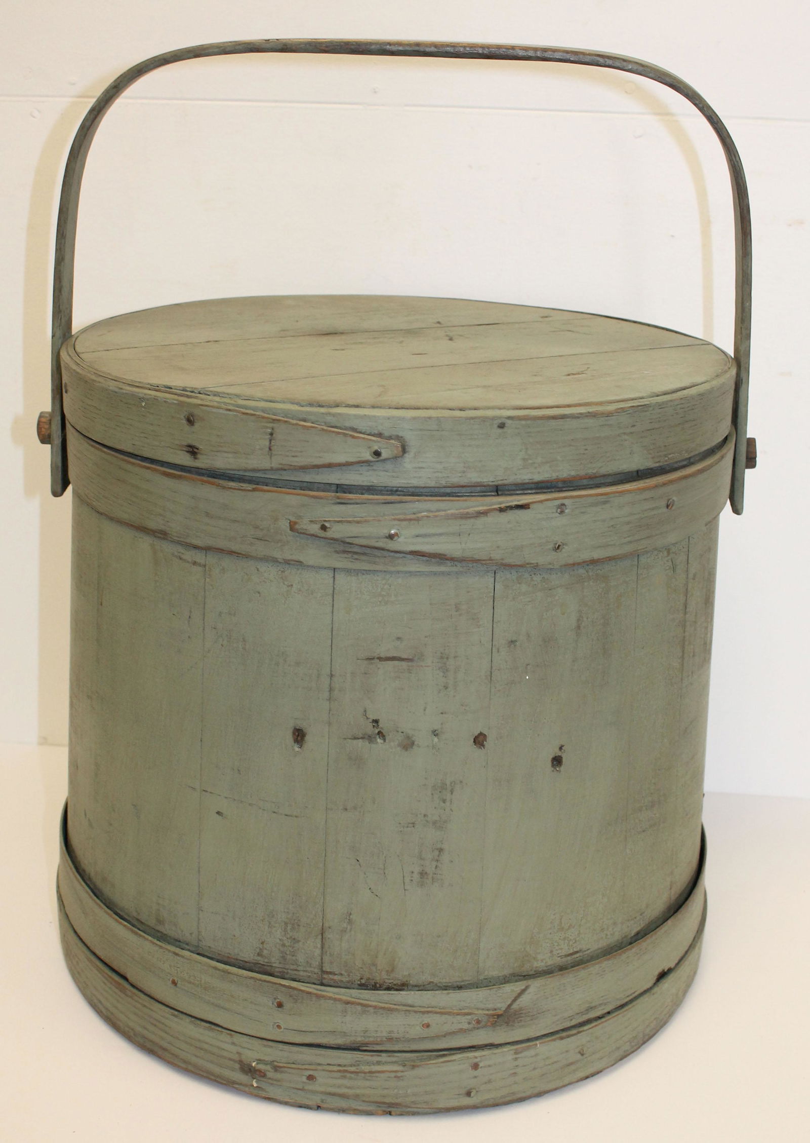 Large antique firkin in green/gray paint - 14" tall x (1 of 6)