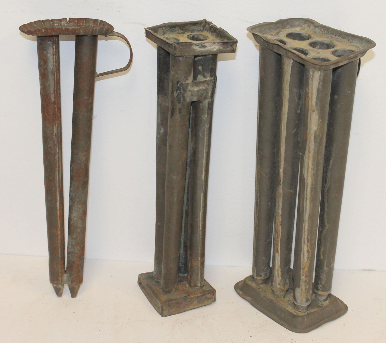 3 antique tin candle molds - 2, 4 & 6 slot - approx 10" (1 of 6)