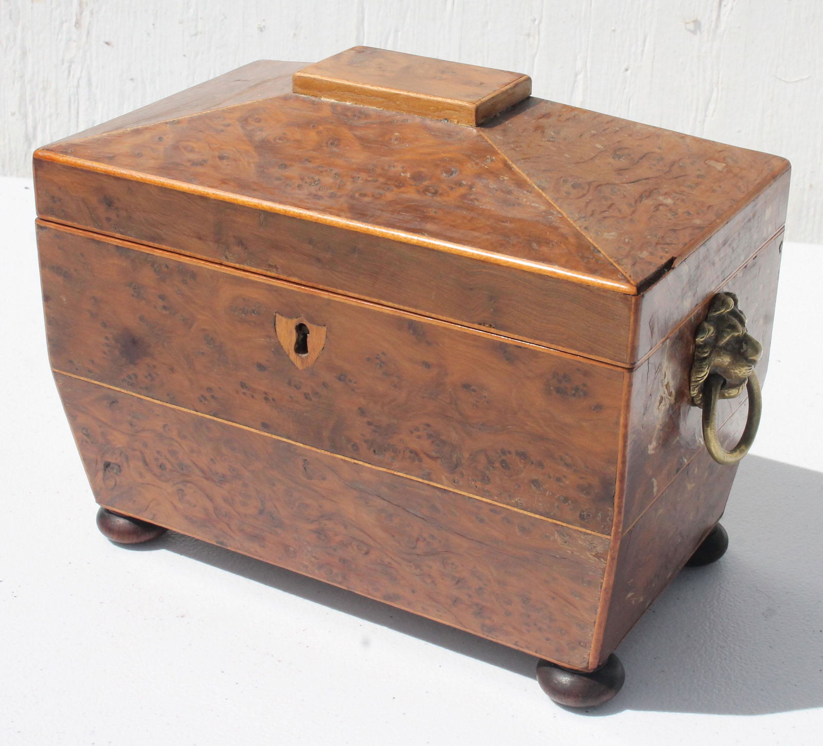19thC English burl walnut sarcophagus form tea caddy w (1 of 6)