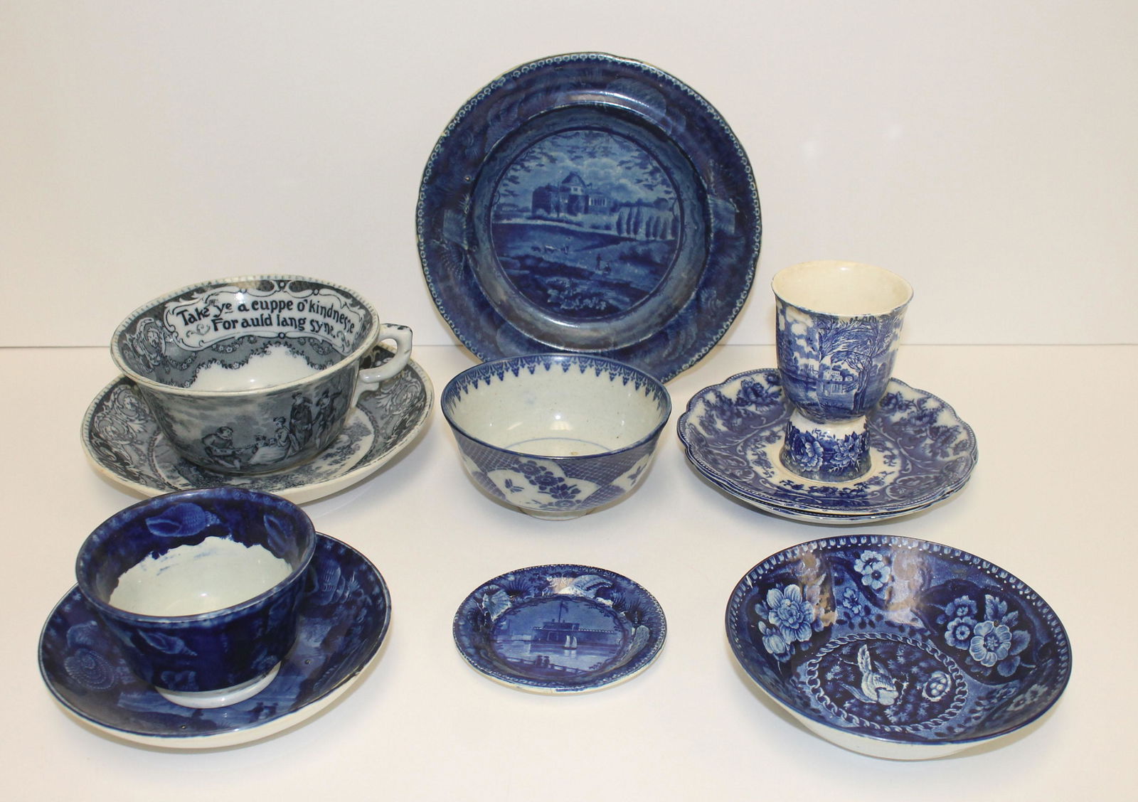 lot of 11 pieces of misc blue & white Staffordshire &: lot of 11 pieces of misc blue & white Staffordshire & Flo Blue