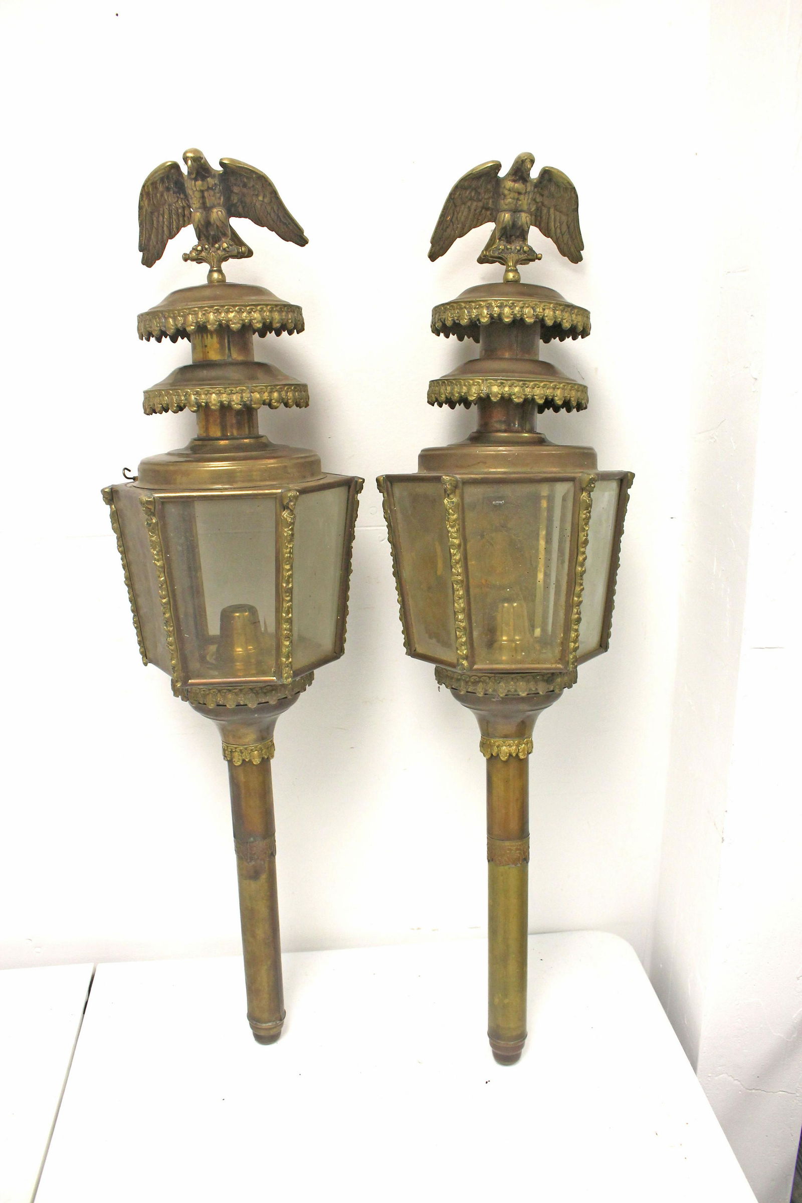 2 antique brass carriage lanterns w eagle finials - 33" (1 of 8)