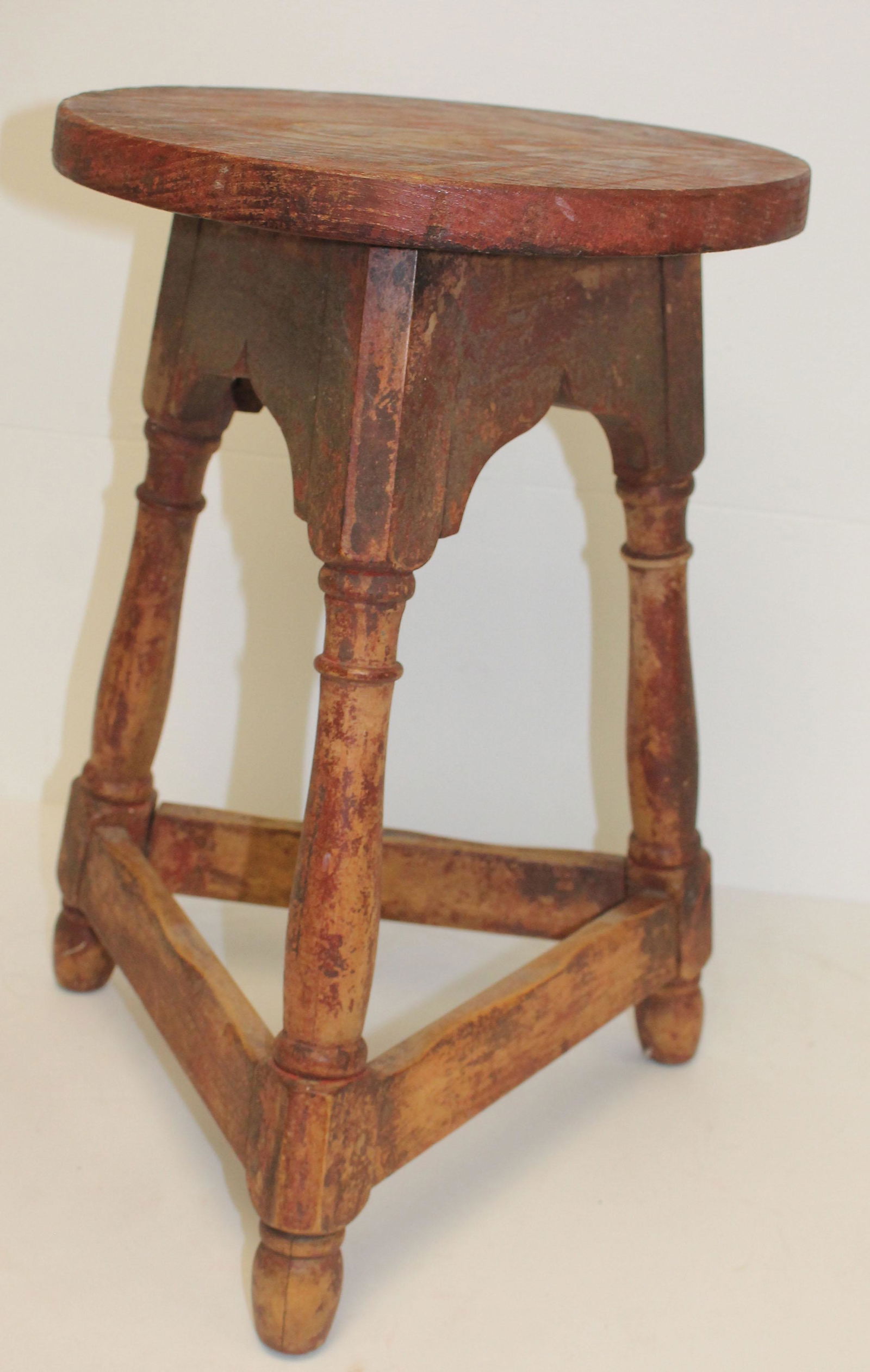 Antique three legged stool in red paint - 18" tall x (1 of 5)