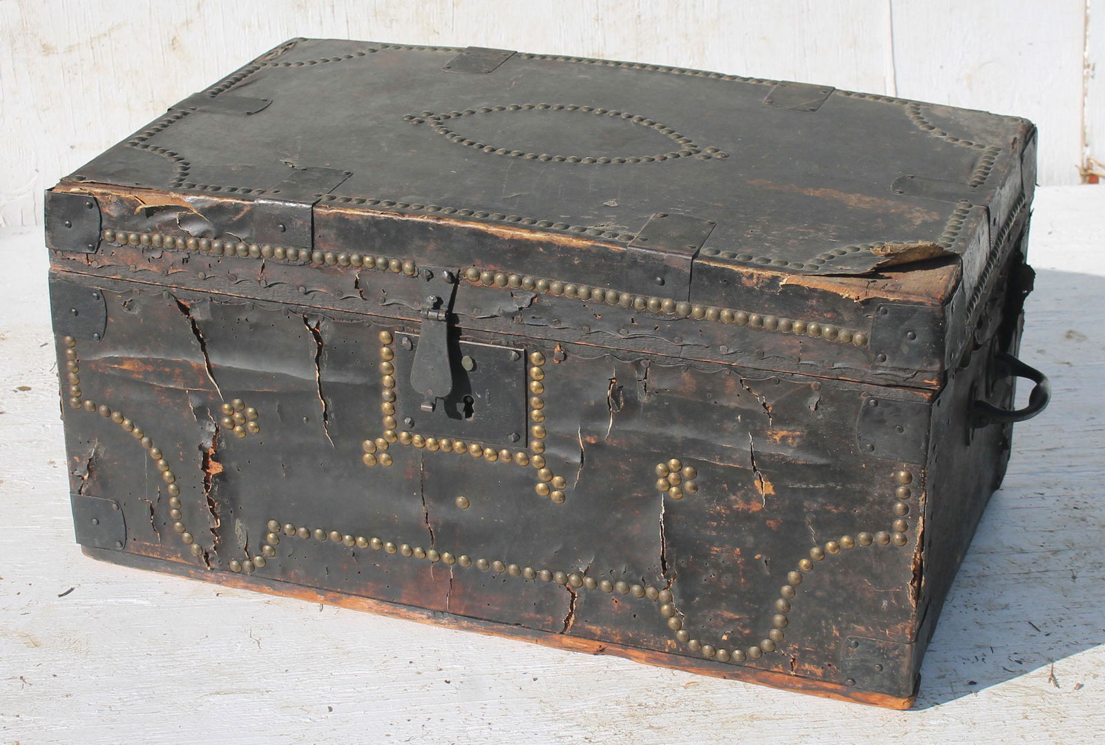 Antique leather covered brass tacked box - 24" x 15" x (1 of 7)