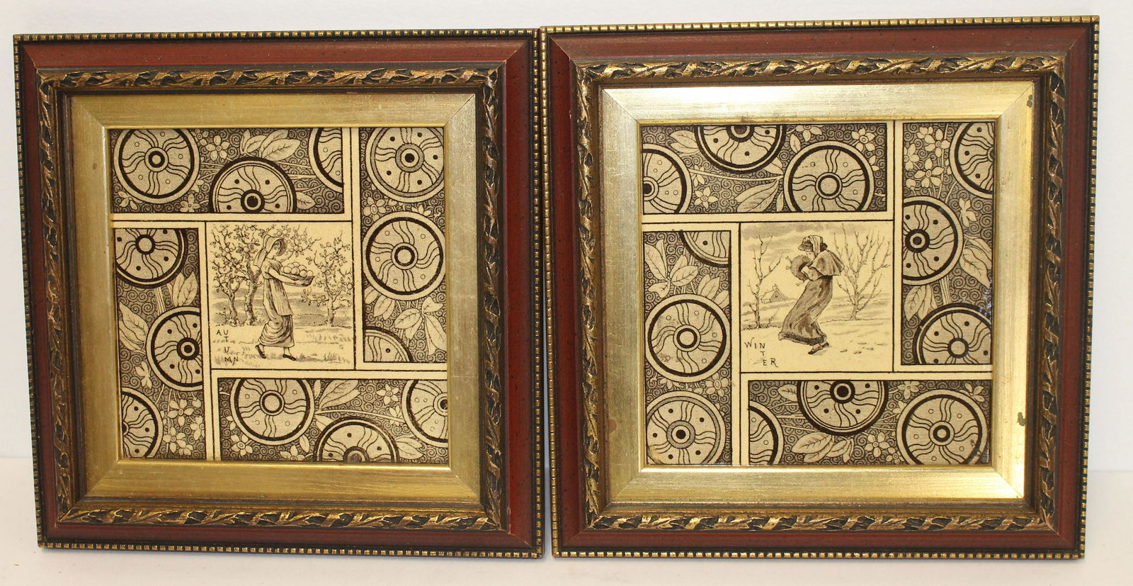 2 antique framed Kate Greenway tiles - "Autumn" & (1 of 5)