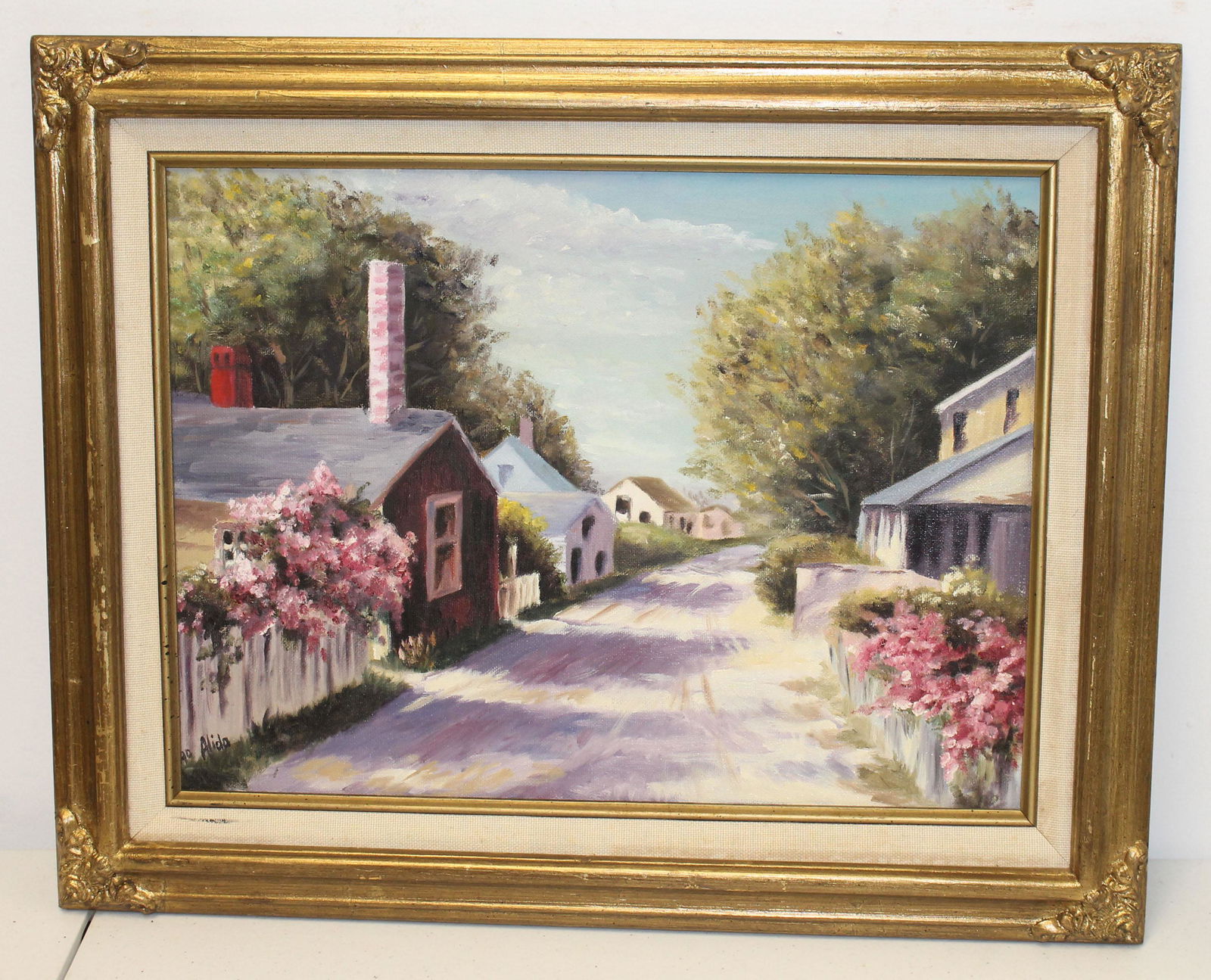 illegibly sgnd 15 1/2"x11 1/2" o/c cottage scene (1 of 4)