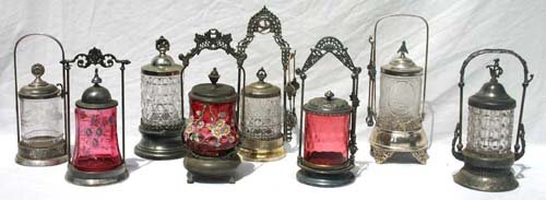 fine lot of 8 19th C art glass pickle casters plus : fine lot of 8 19th C art glass pickle casters plus 2 double pickle casters