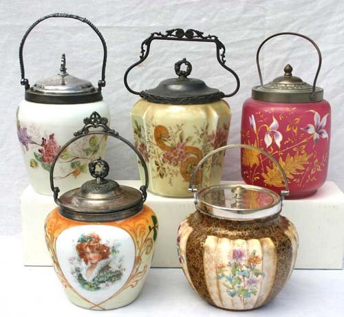 lot of 5 19thC floral dec biscuit jars - 4 Art Gla: lot of 5 19thC floral dec biscuit jars - 4 Art Glass, 1 Doulton Burslem