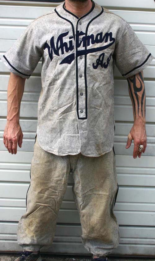 lot of 2 antique baseball uniforms marked Whitman : lot of 2 antique baseball uniforms marked Whitman AA on the front & "Bostonian" & "Steve Melonis" on the back - numbers 13 & 14 - both complete w shirt & pants