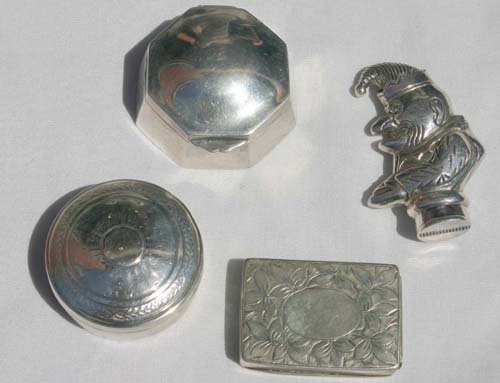 lot of 4 antique sterling silver items incl 2 pill: lot of 4 antique sterling silver items incl 2 pill boxes & 2 match safes (1 figural "Punch")