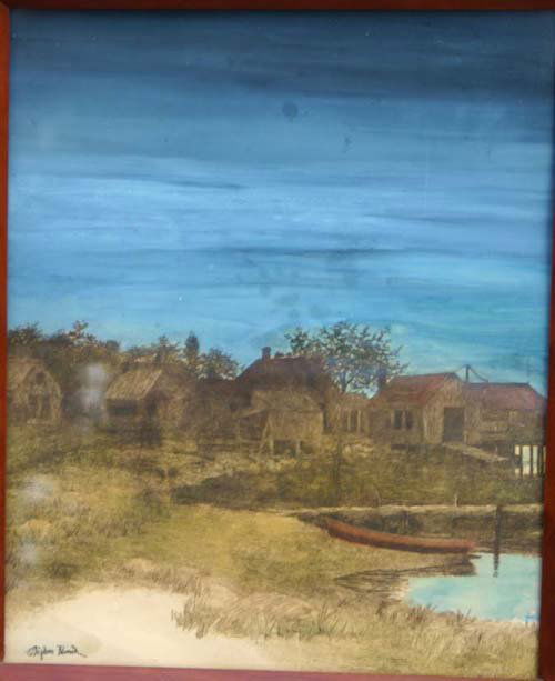 Stephen Parrish (1846-1938)13 x 10 ¾ mixed media vi: Stephen Parrish (1846-1938)13 x 10 ¾ mixed media village scene under a beautiful deep blue sky