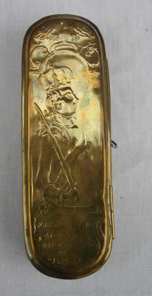18thC brass German or Austrian tobacco box w embo