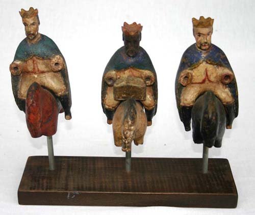 19thC triple carved wood & orig polychrome ptd San