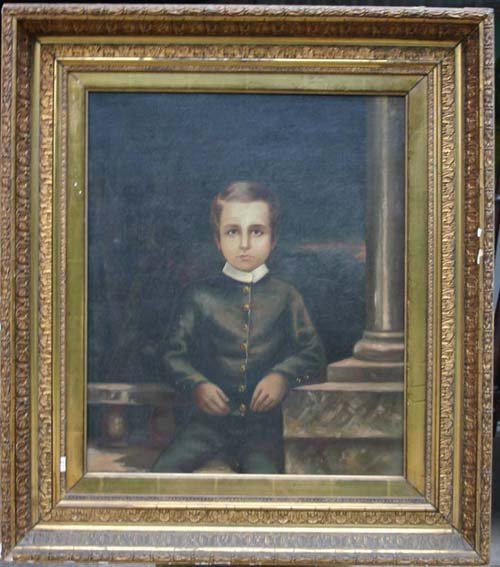 ca 1870 26x22 o/c portrait of a young boy in fancy