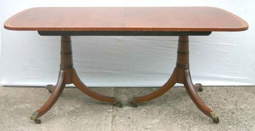 sgnd Kittinger mahog inlaid table 5'8"long plus tw: sgnd Kittinger mahog inlaid table 5'8"long plus two 18" leaves in orig case w pads & 4 inlaid sabre leg chairs w rose dec upholstery