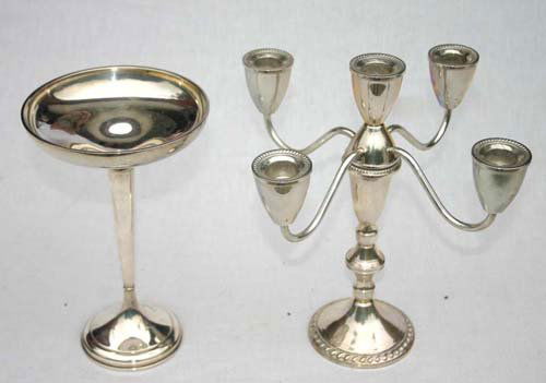 Black Starr & Frost 8 1/2" tall sterling silver co: Black Starr & Frost 8 1/2" tall sterling silver compote w 1912-1922 dates together w a sterling silver 5 socle 10" tall candelabra