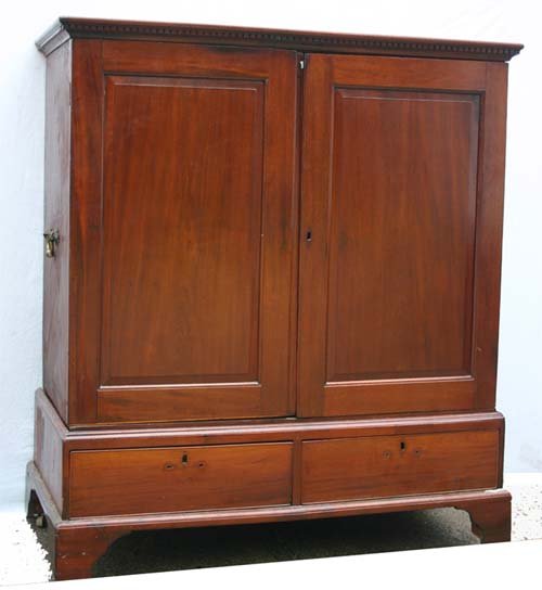 ca 1760 period Chippendale housemaid's linen press: ca 1760 period Chippendale housemaid's linen press - 2 raised panel doors over 2 drawer bracket ftd base w fire gilt rococco carrying handles on cabinet top - 51" wide x 54" tall