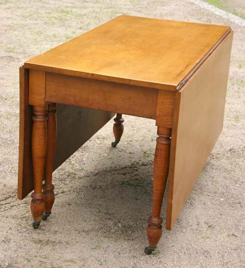 ca 1800 period Sheraton rare cherry & tiger maple: ca 1800 period Sheraton rare cherry & tiger maple swing leg drop leaf dining table w huge single board top & 21 1/2" leaves (table is 4'long)