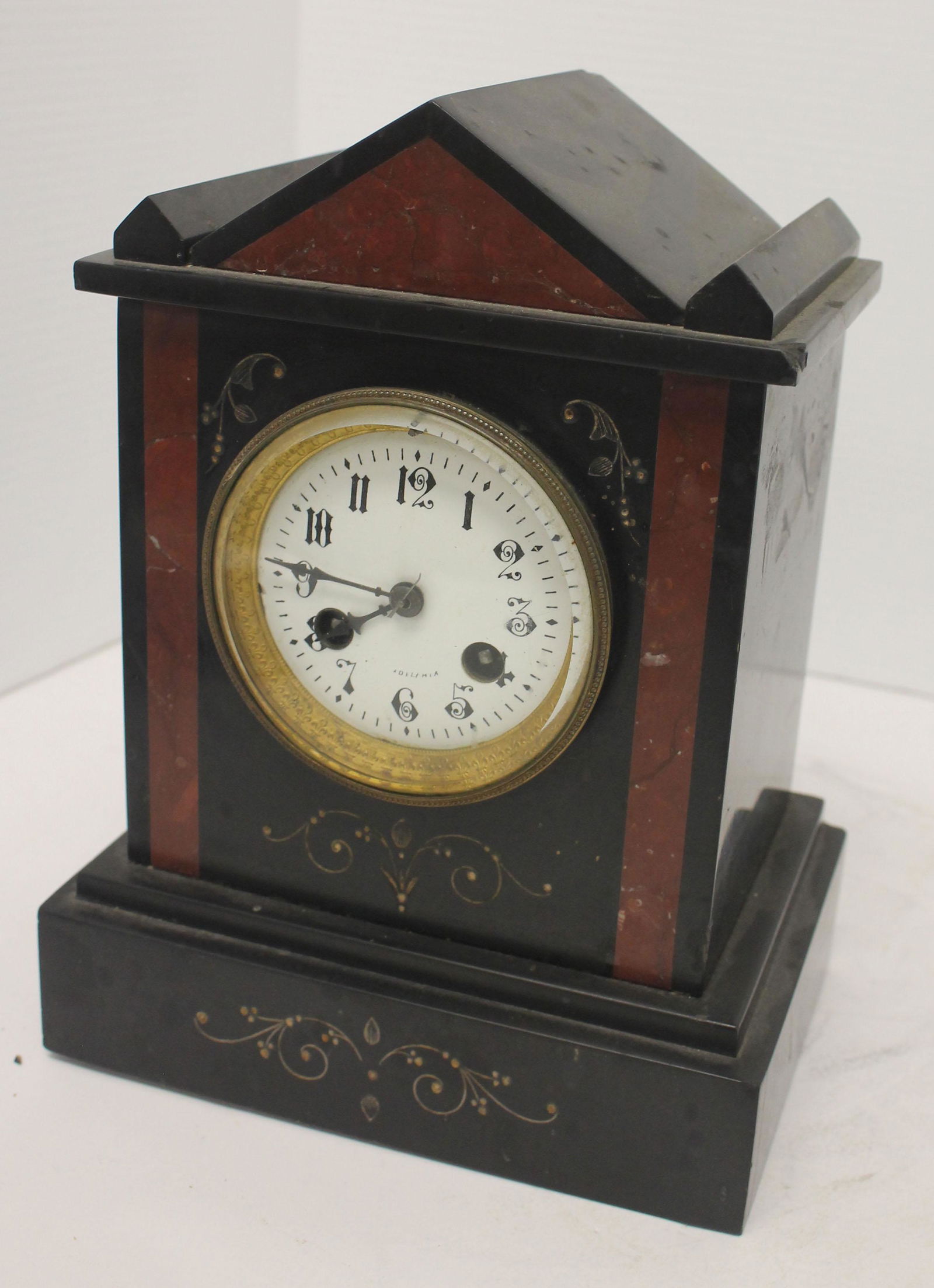 ca 1890 French slate mantle clock - 9 1/4" tall x 7" (1 of 5)