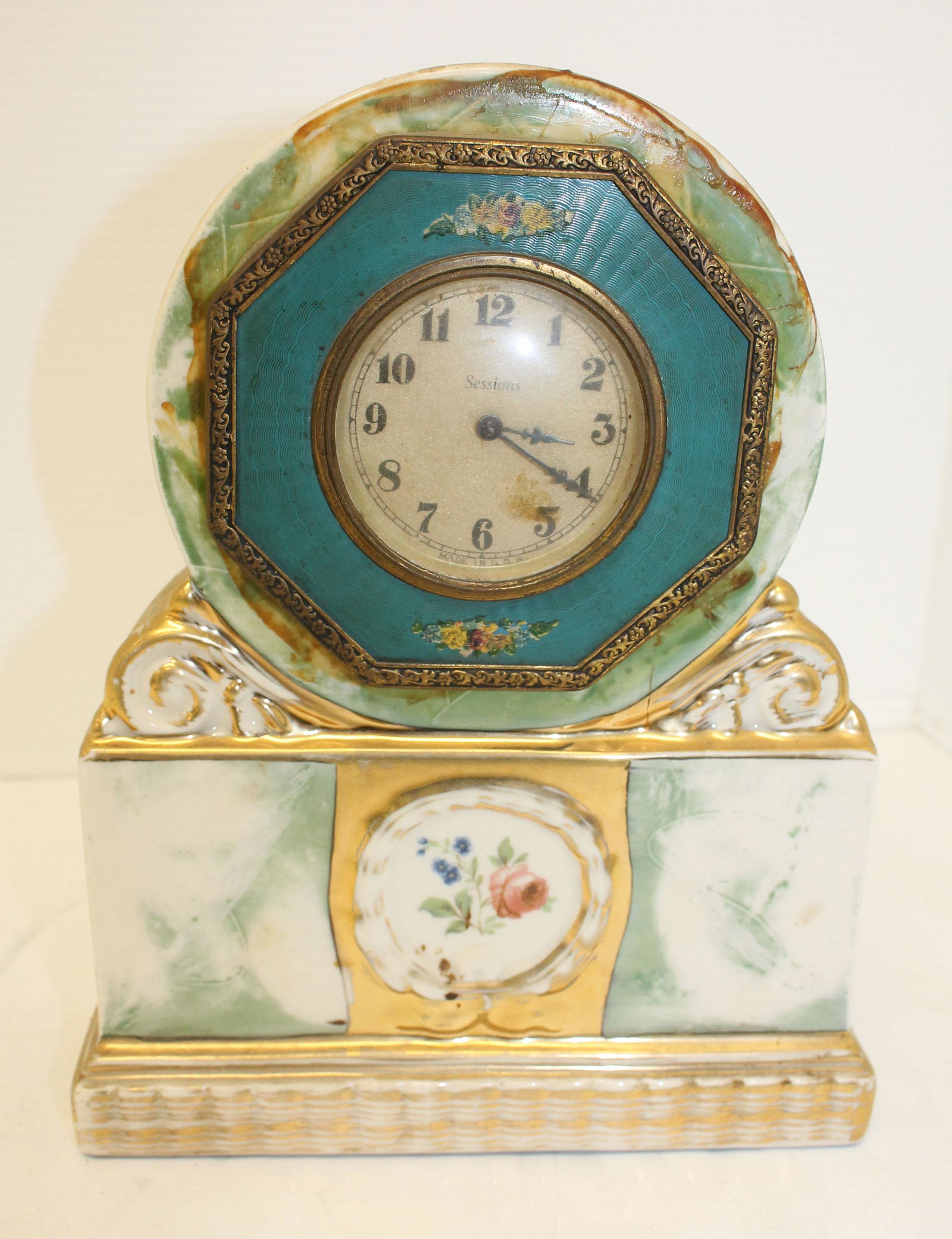 Sessions porcelain clock w faux marble dec - wound (1 of 4)