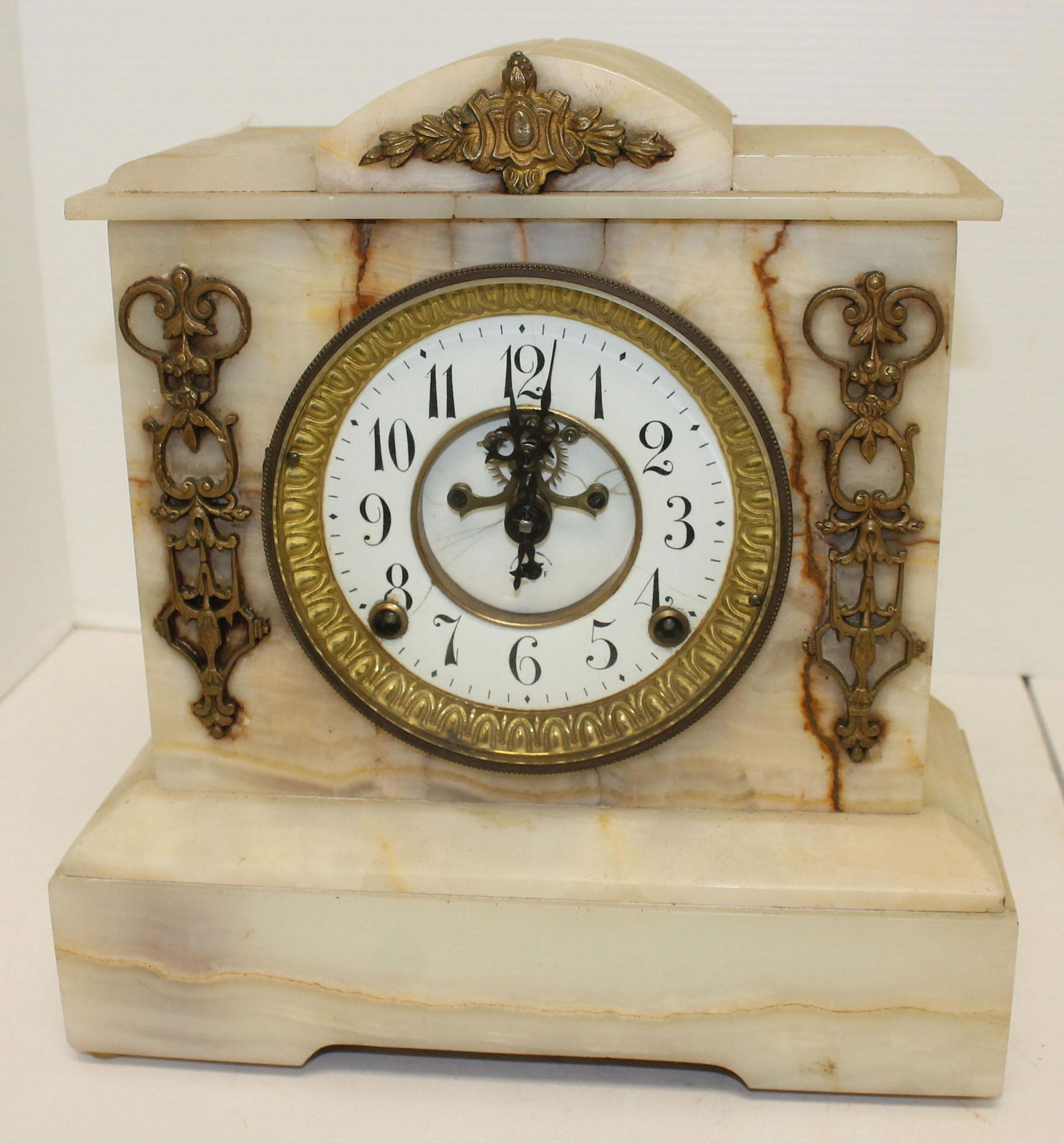 Antique white marble mantle clock w ormulu trim - 12" (1 of 5)