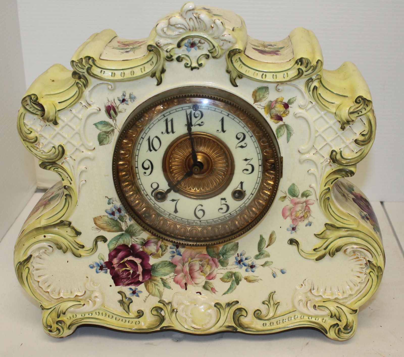 Ansonia porcelain mantle clock w hand painted floral (1 of 8)