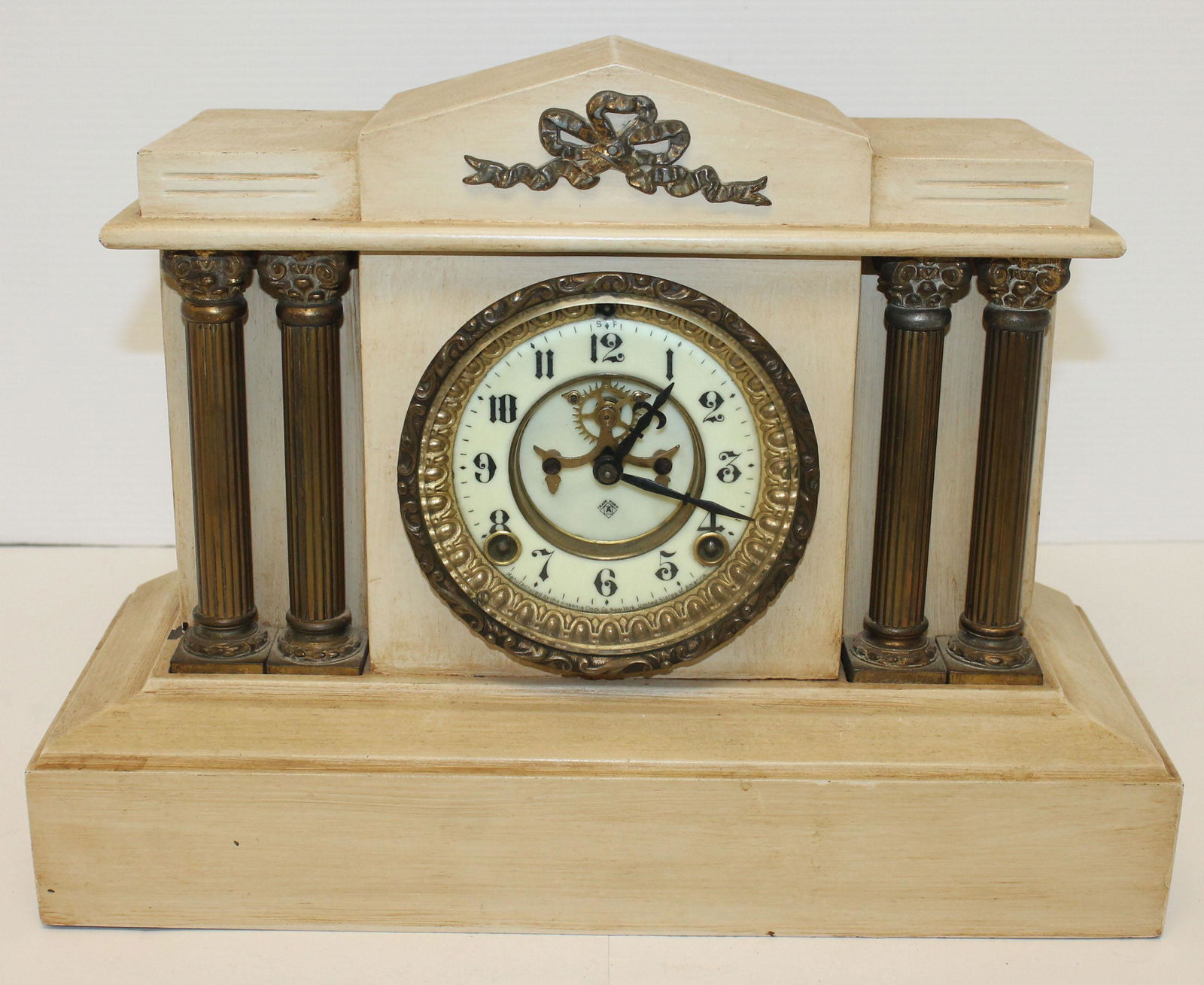 Ansonia metal mantle clock w column dec - 11" tall x (1 of 5)