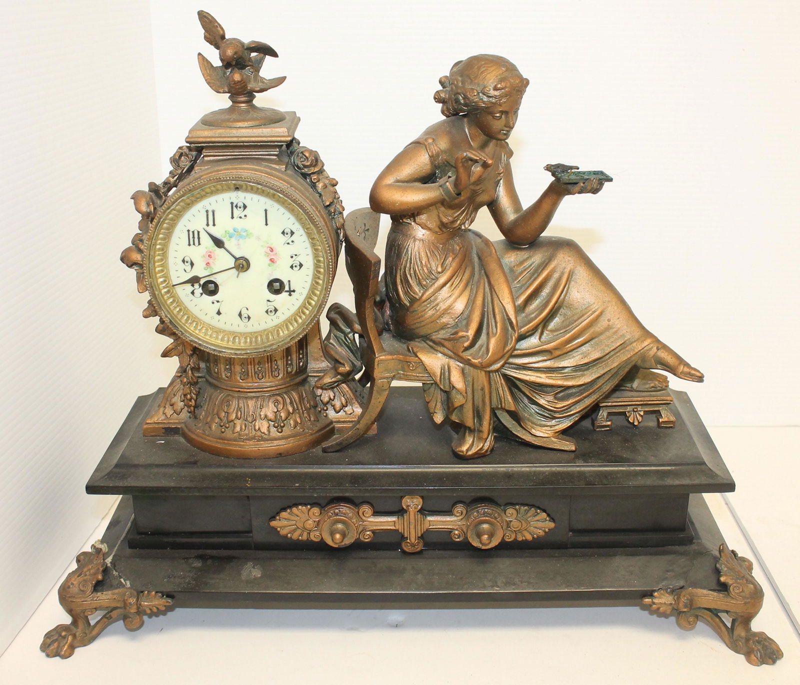 Antique figural mantle clock w porcelain hand painted (1 of 10)