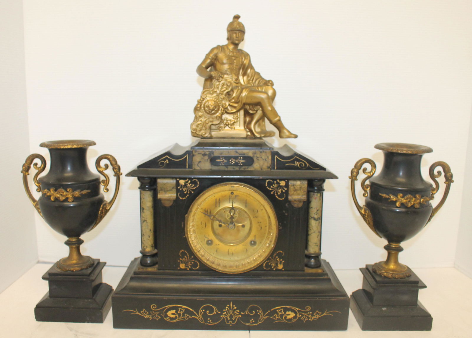 Ansonia faux slate mantle clock w 2 slate garniture (1 of 13)