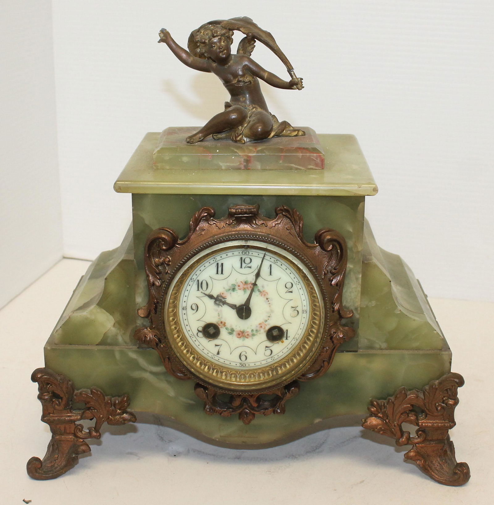 French onyx clock w porcelain face & cherub figural (1 of 7)