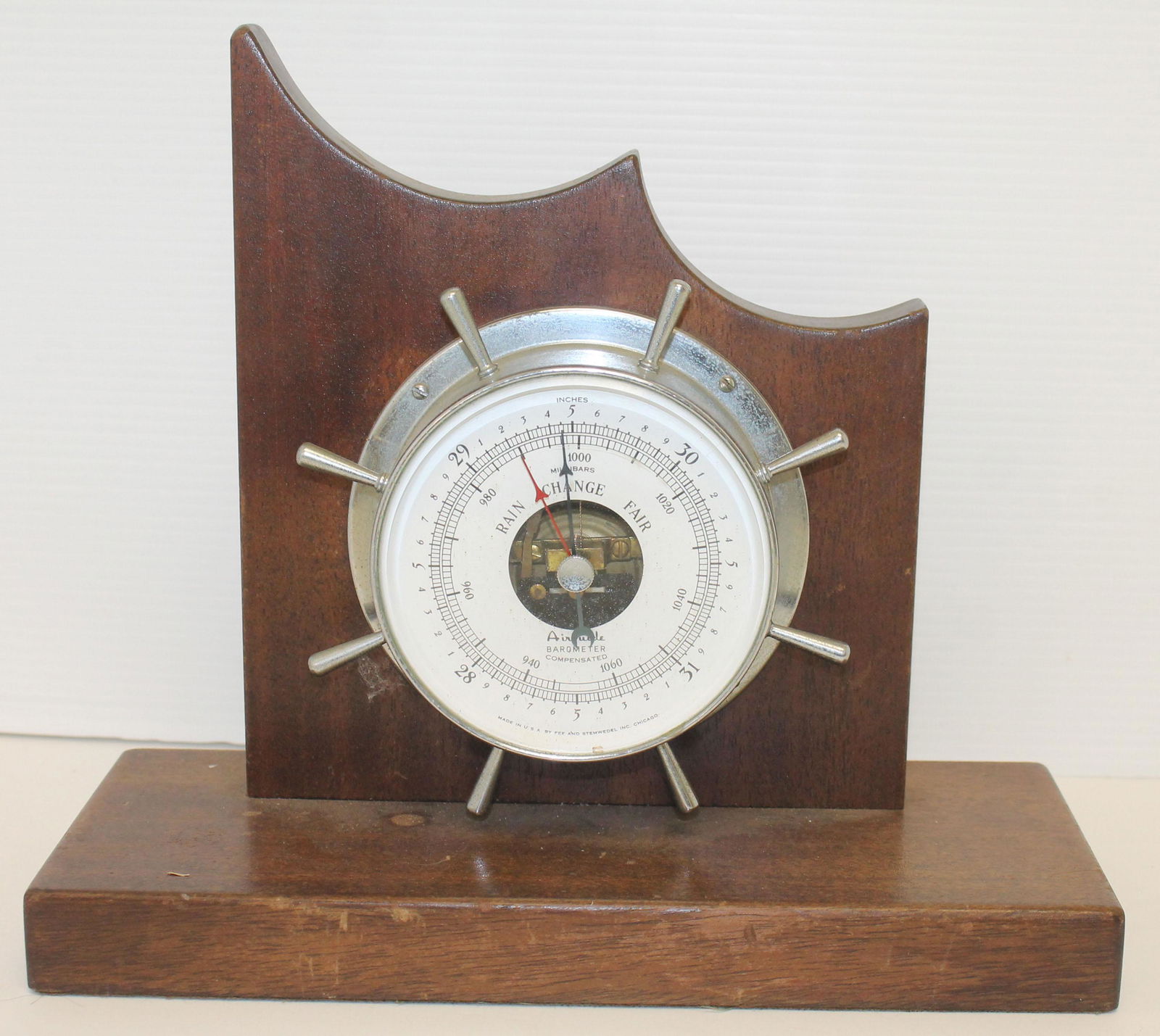 Airguide ship's wheel form barometer mounted on wood - (1 of 6)