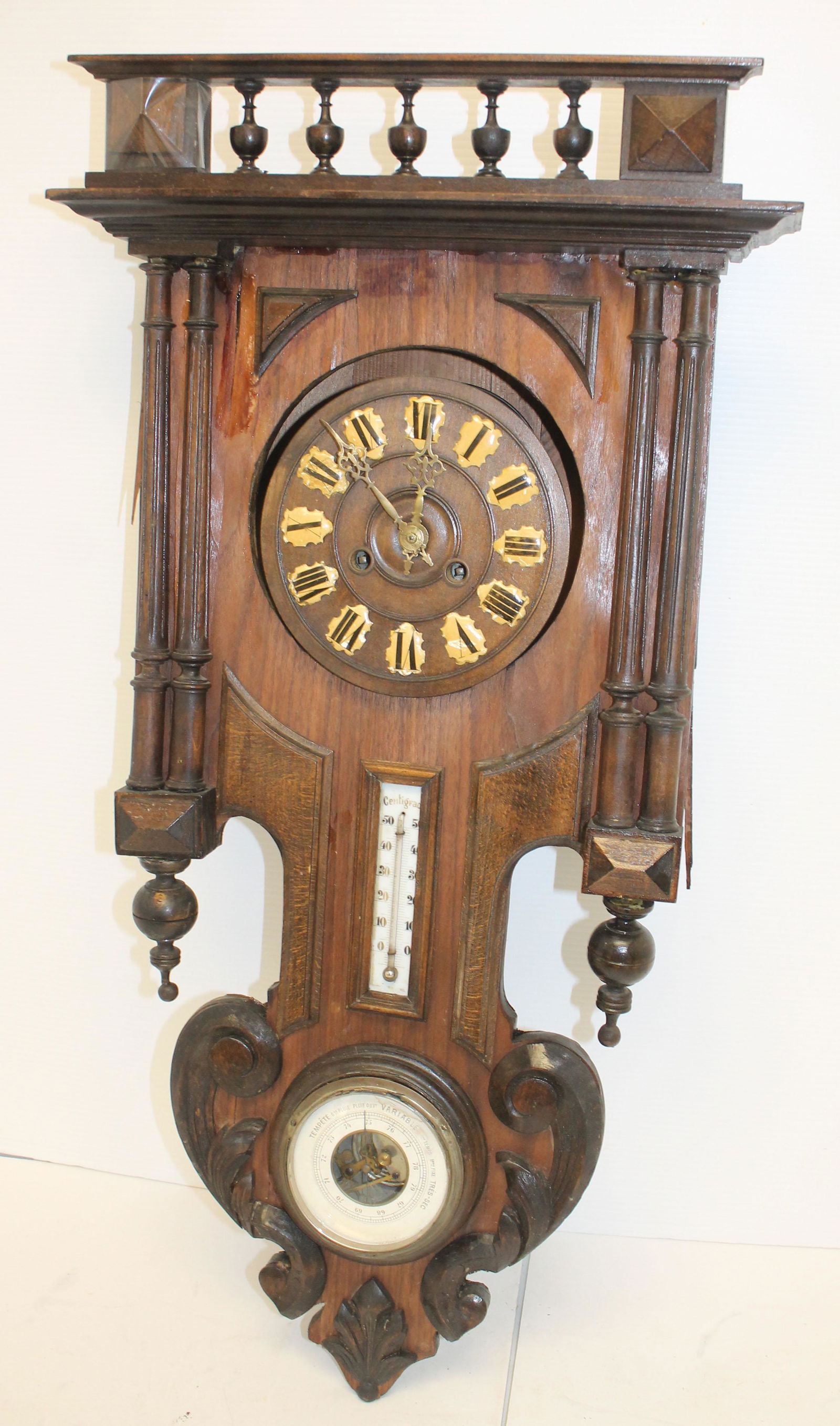 Antique oak wall clock w barometer - as is - 32" tall x (1 of 5)