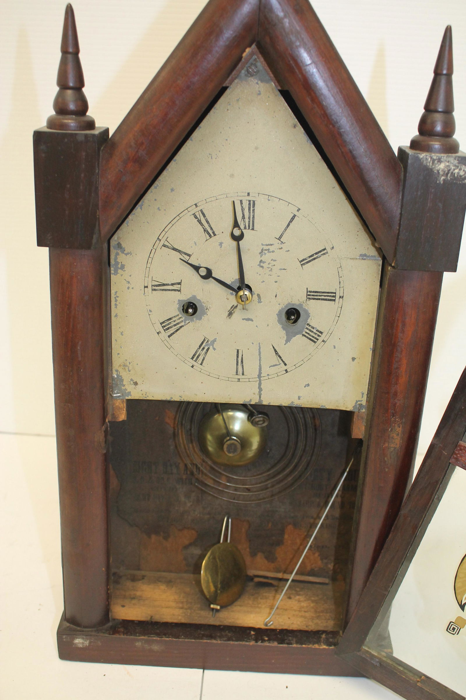 Antique steeple clock w remnants of label - reverse (1 of 5)
