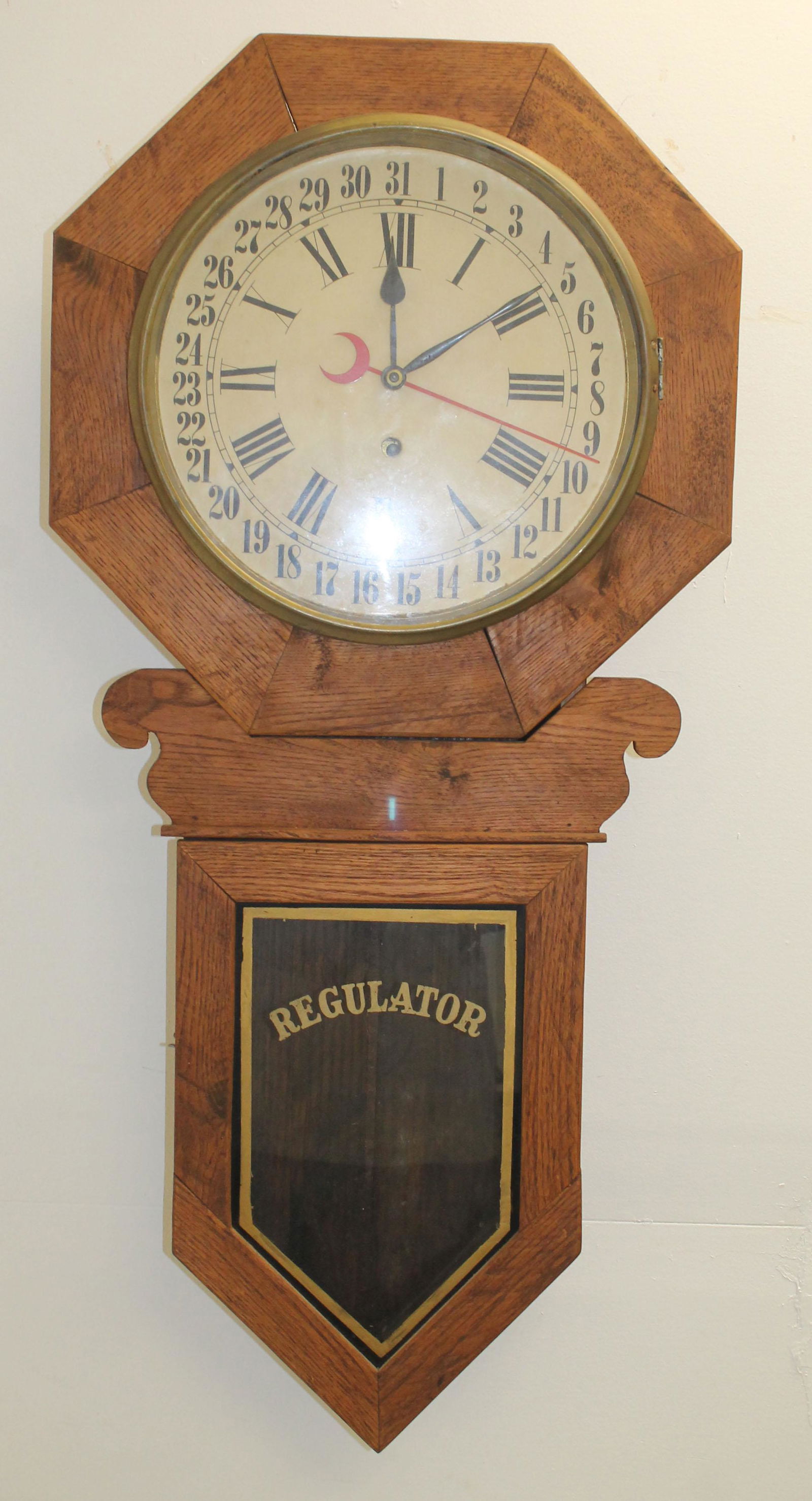 Antique oak regulator wall clock - 35"x18" (1 of 4)