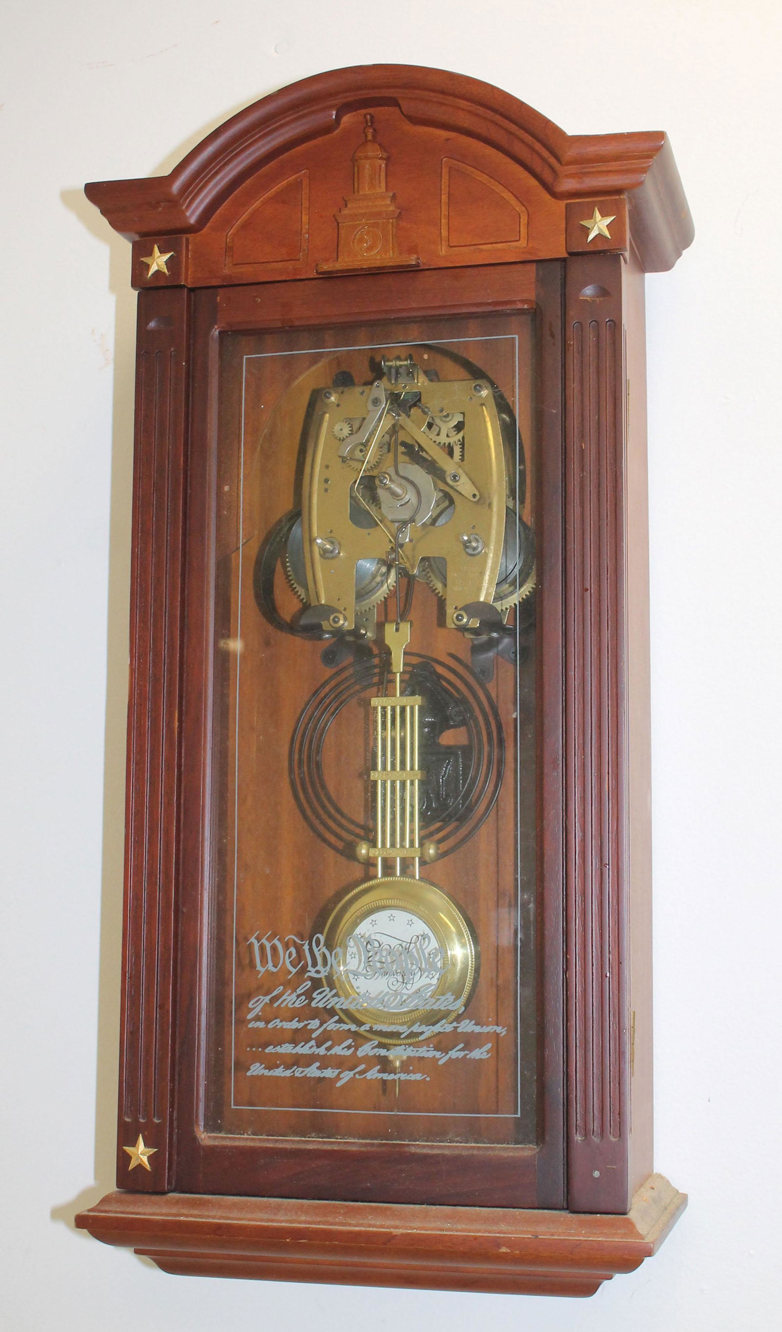 200thC Anniversary shelf clock w "We the people...": 200thC Anniversary shelf clock w "We the people..." frosted door dec - 21"x10 1/2"