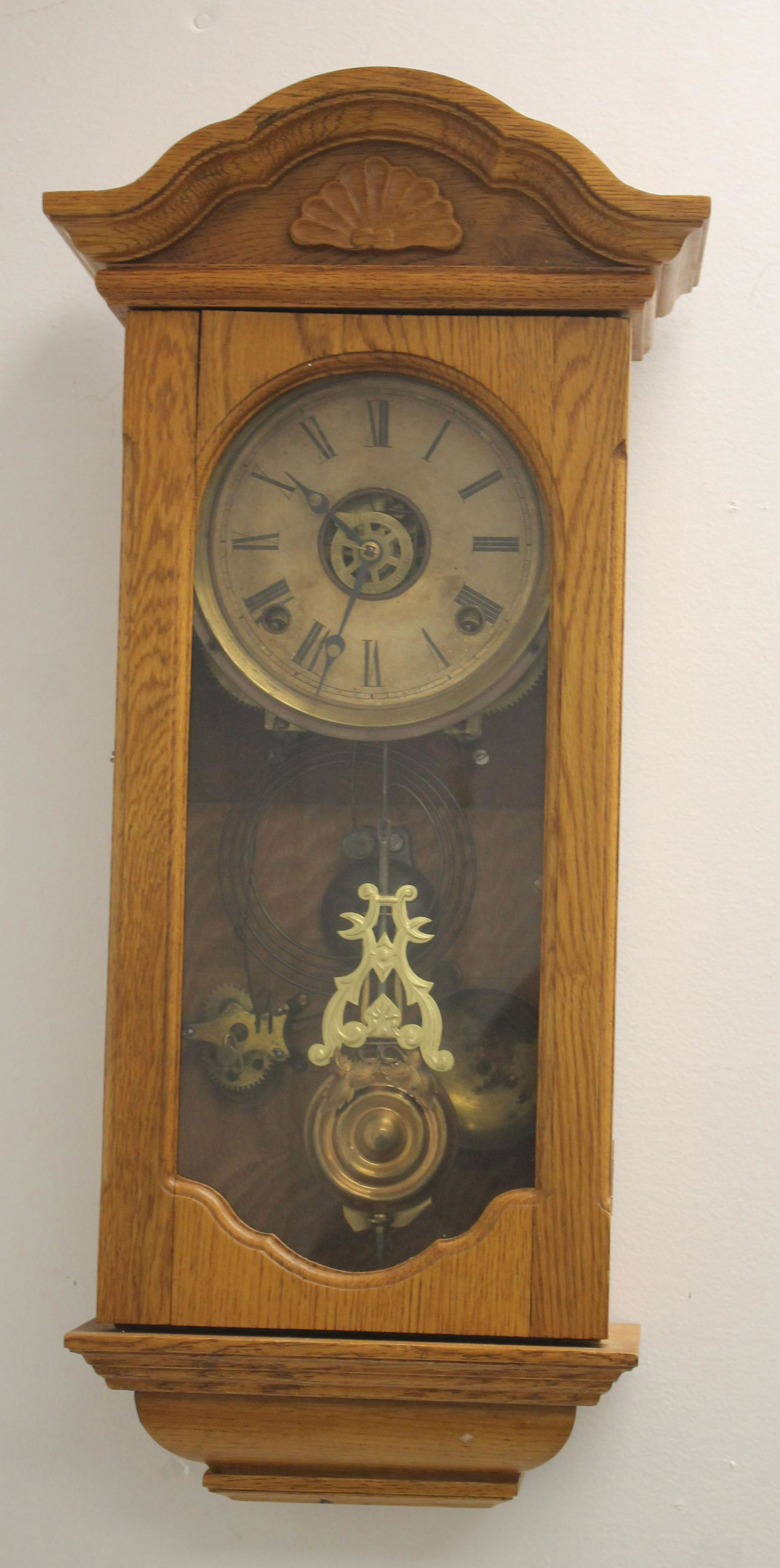Golden oak wall clock w glass door - 22 1/2"x10 1/2" (1 of 5)