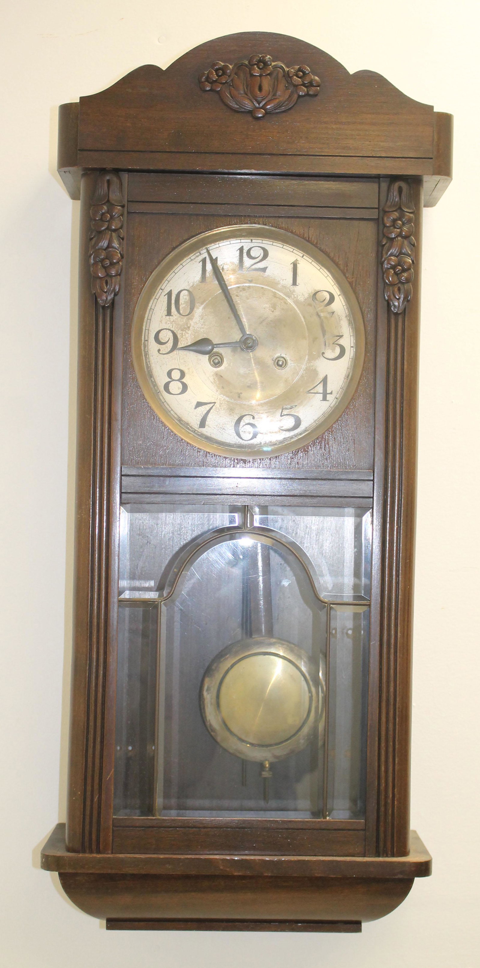 German wall clock w beveled glass door - 30 1/4"x13: German wall clock w beveled glass door - 30 1/4"x13 1/2"