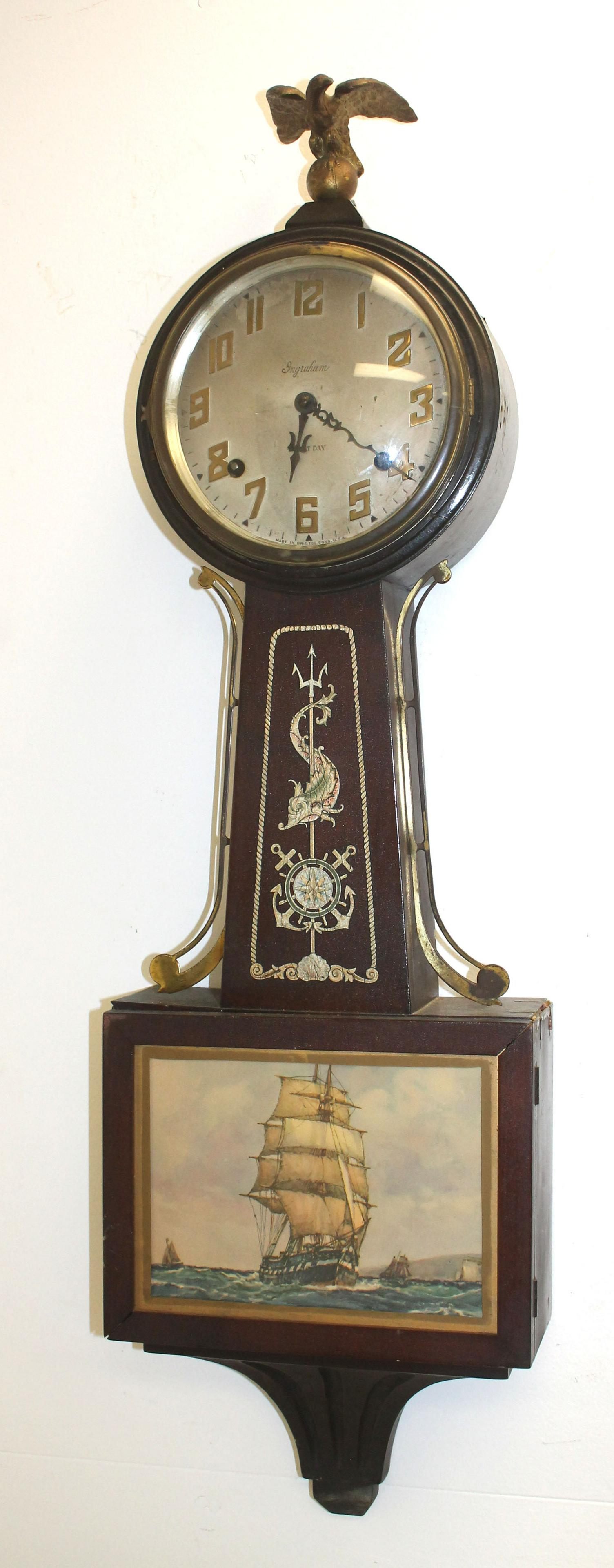 Ingraham banjo clock w eagle finial & ship motif print (1 of 6)
