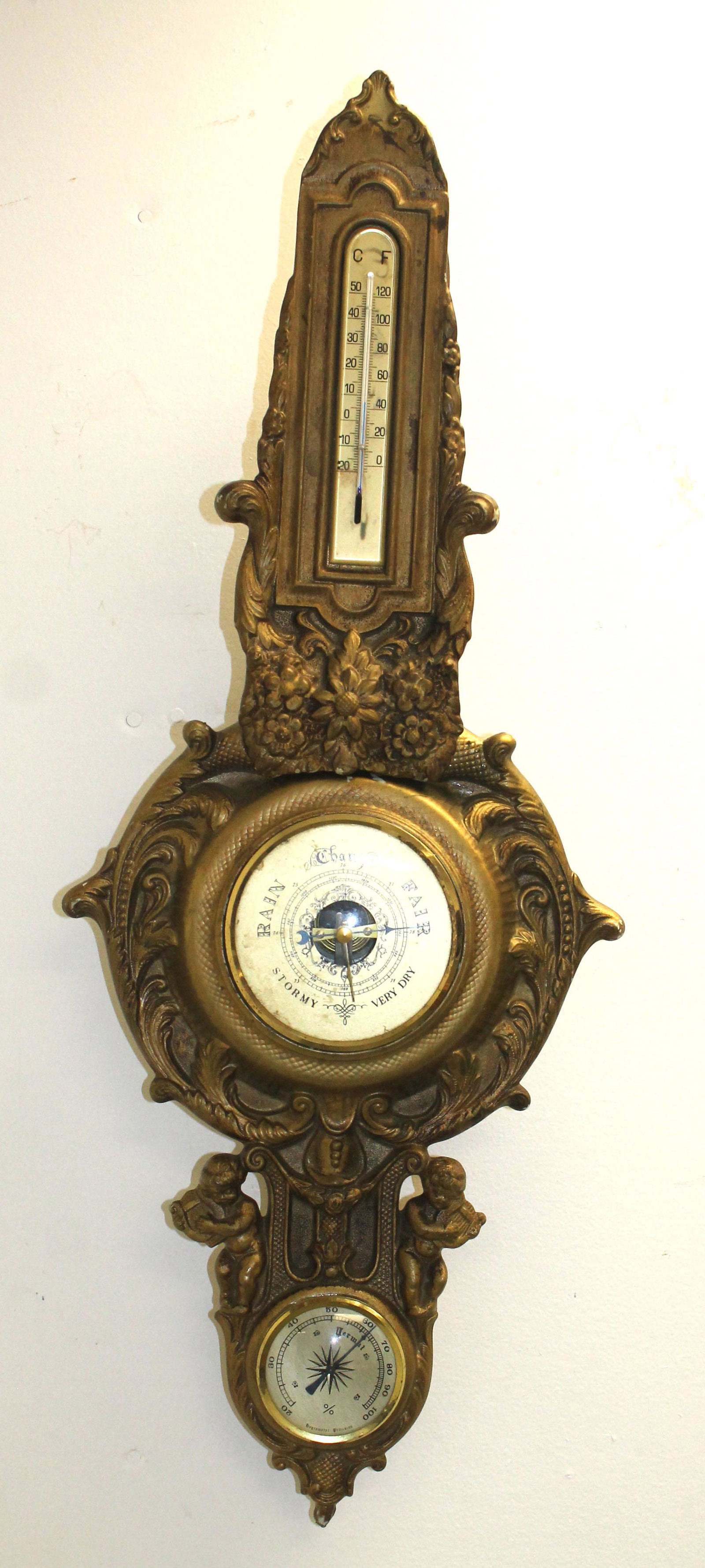 Antique spelter barometer/thermometer w cherub dec - 27: Antique spelter barometer/thermometer w cherub dec - 27 1/2" tall x 11" wide