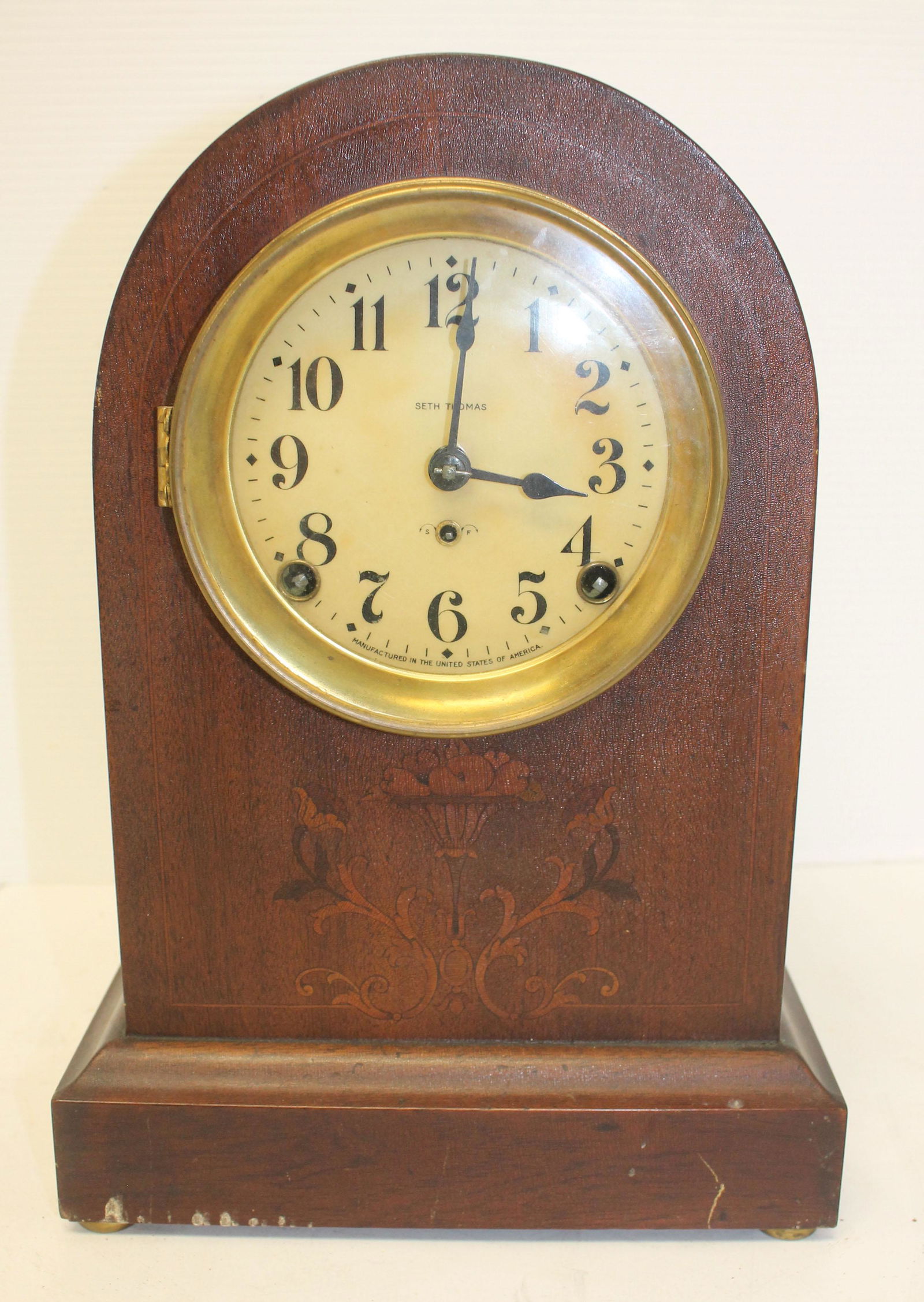 Seth Thomas beehive mantle clock w inlaid floral dec - (1 of 4)