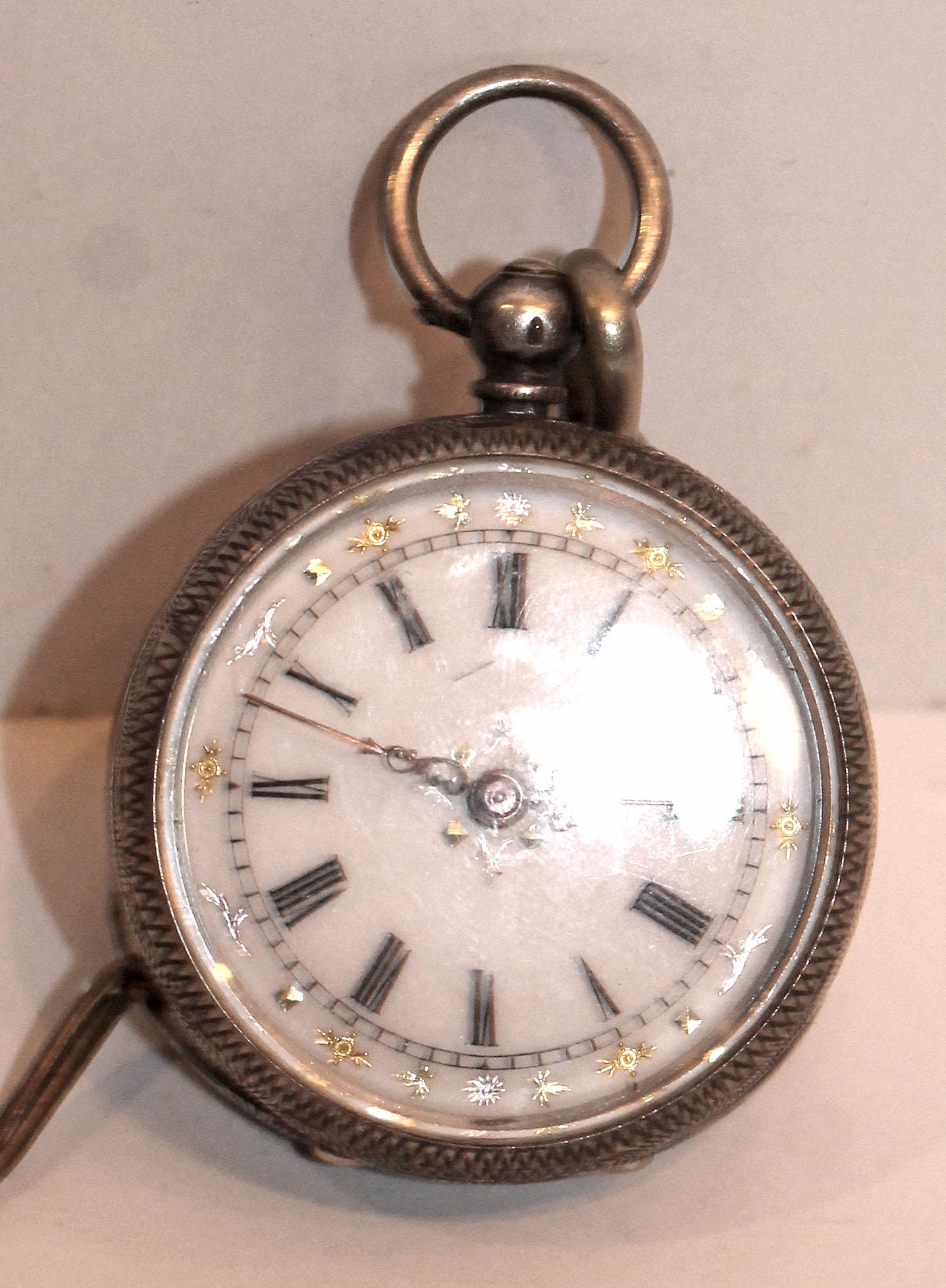 Antique key wind pocket watch marked .935 w enamel face (1 of 4)