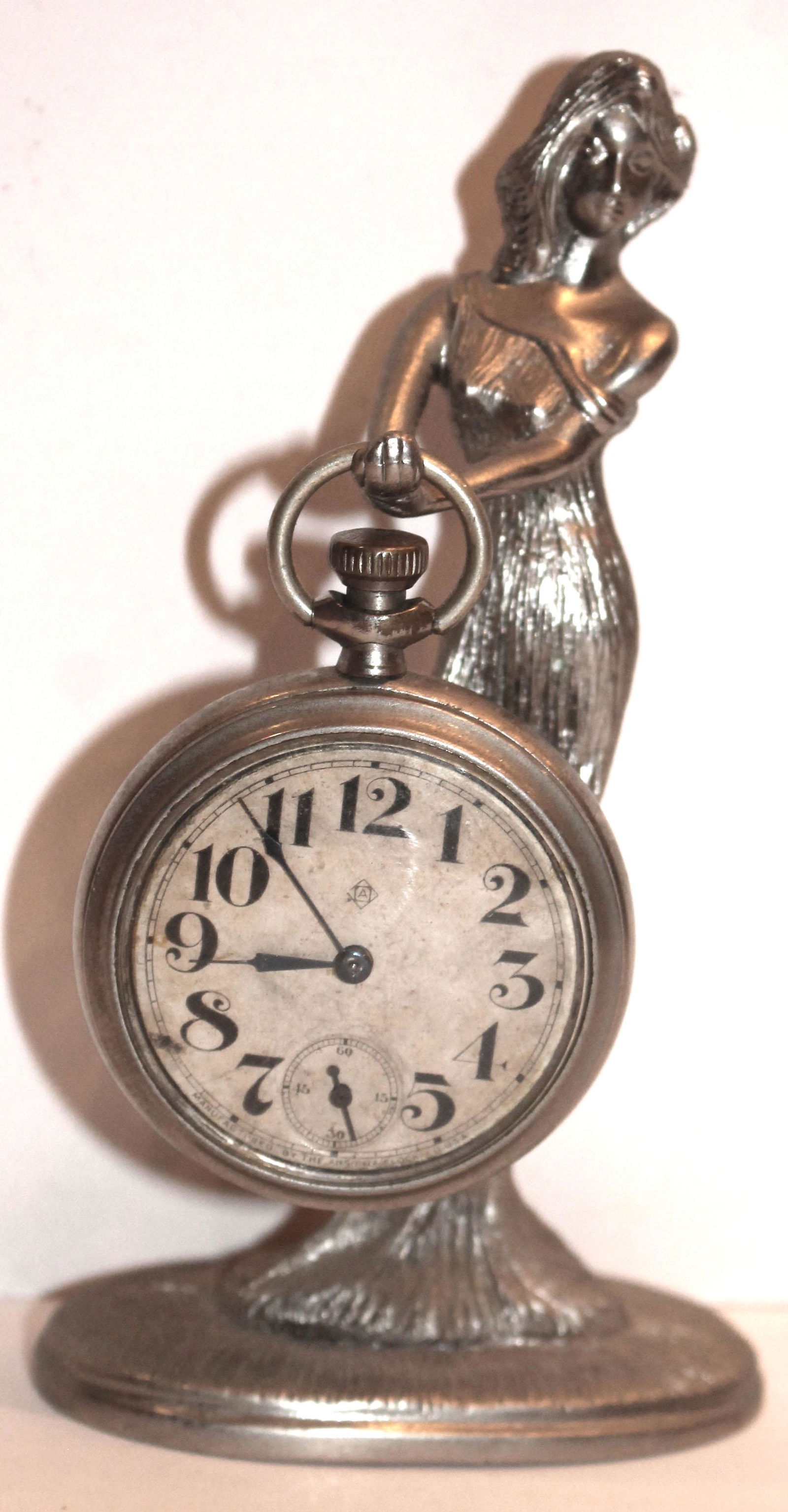 Ansonia Clock Co pocket watch w pewter female figural (1 of 6)