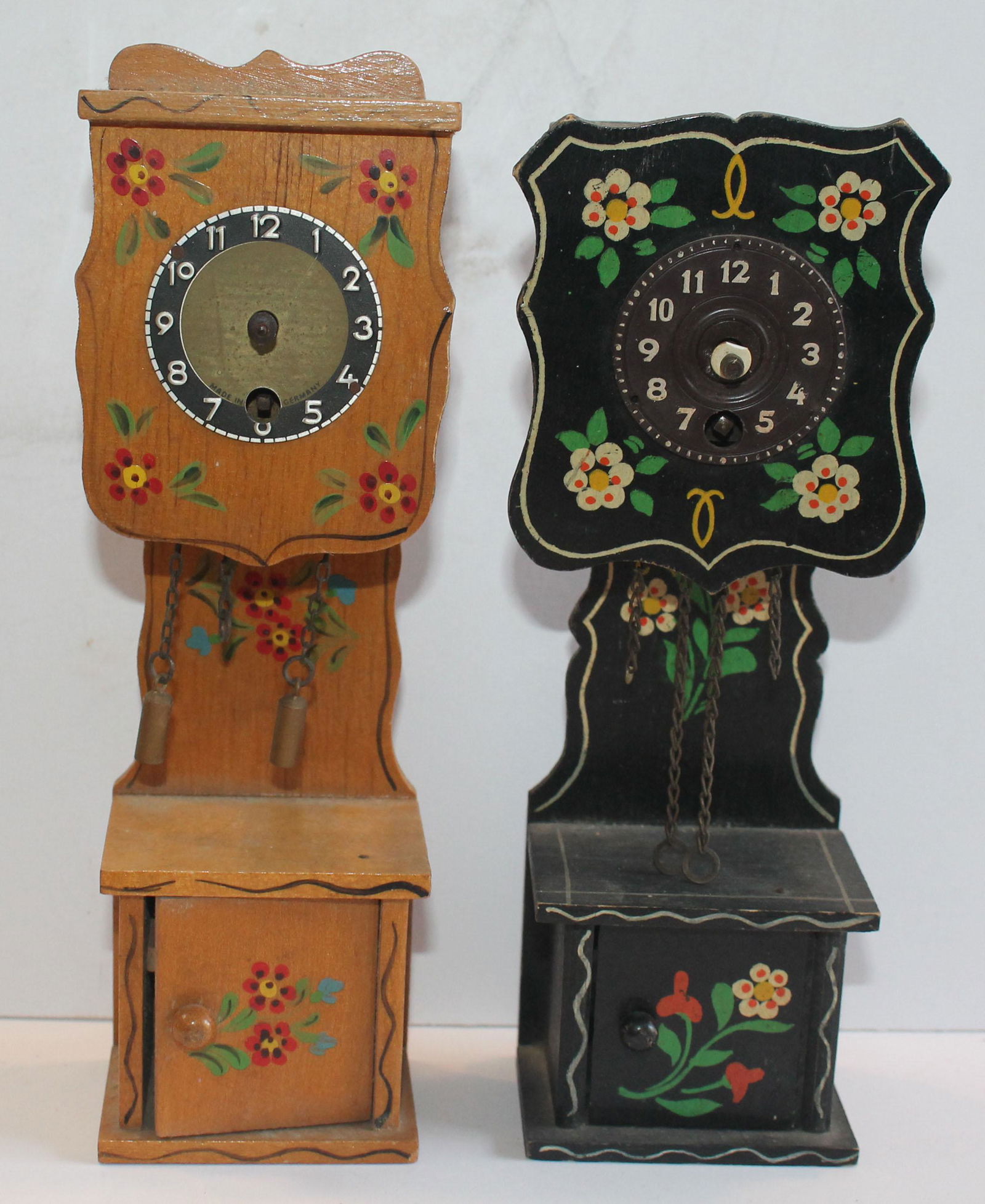 2 miniature wooden painted tall case clocks - both as (1 of 6)