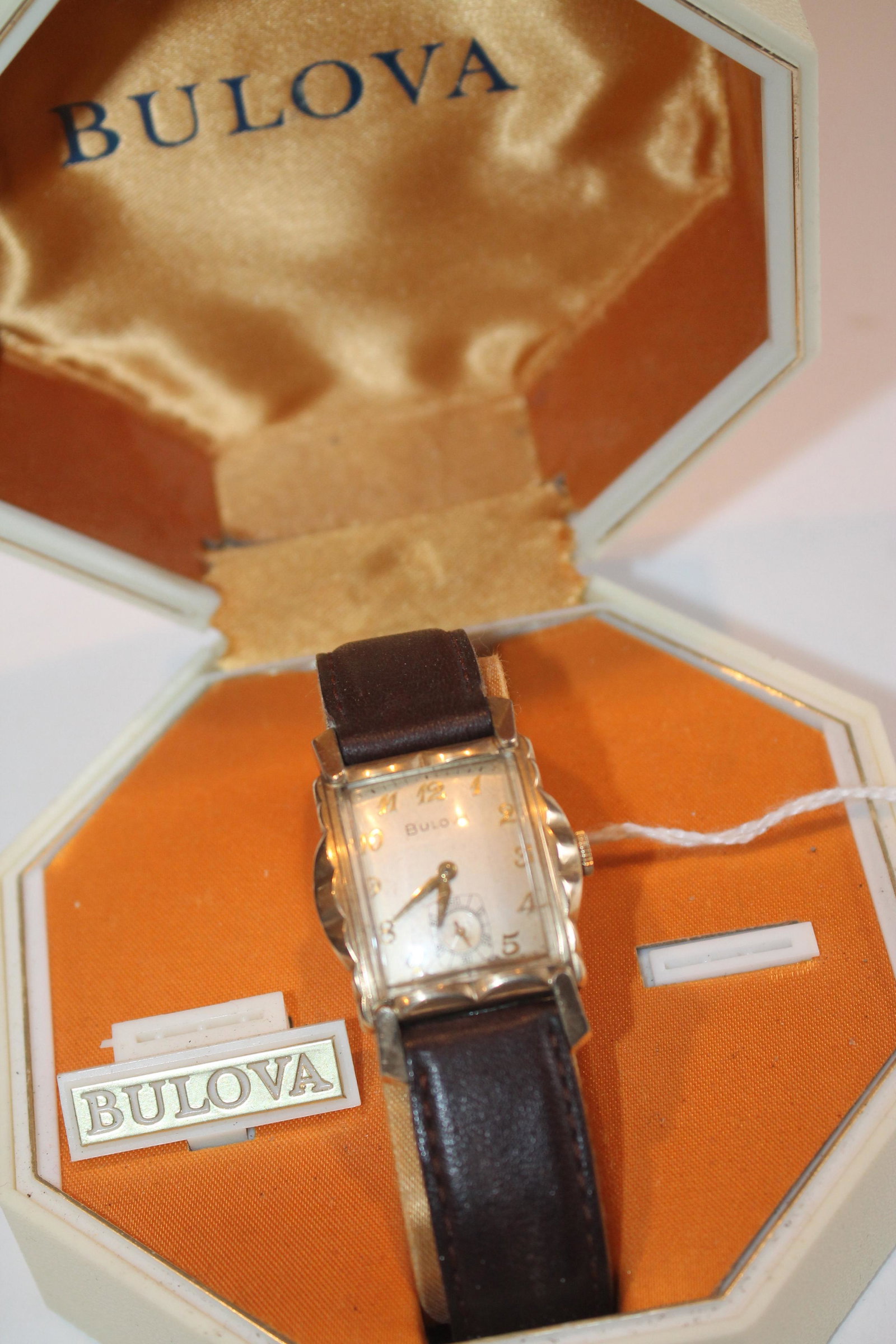 Bulova wrist watch on leather band in orig box: Bulova wrist watch on leather band in orig box
