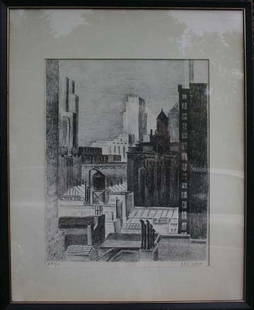 Sgnd Lee Lash 14x11 artist proof #1/100 litho of N: Sgnd Lee Lash 14x11 artist proof #1/100 litho of NY City rooftops