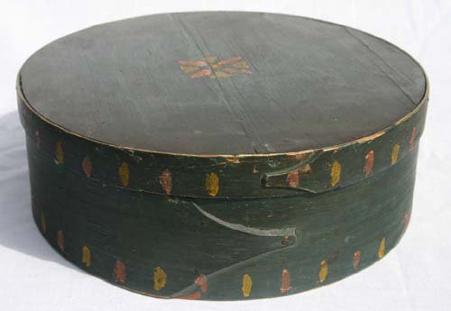 fine early 10 1/4" round pantry box in blue paint : fine early 10 1/4" round pantry box in blue paint w orig dec together w an antique coffee grinder