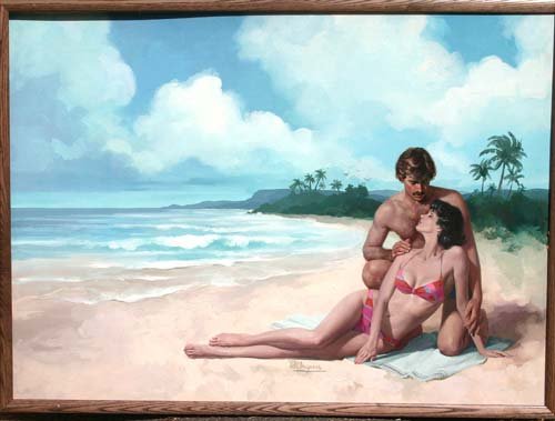 Robert Albert Maquire(1921-2005) 18x38 1/2 acrylic : Robert Albert Maquire(1921-2005) 18x38 1/2 acrylic on board romantic beach illustration