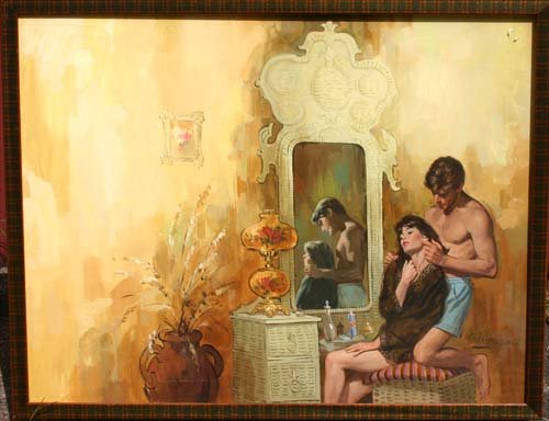 Robert Albert Maquire(1921-2005) 22x29 acrylic on b: Robert Albert Maquire(1921-2005) 22x29 acrylic on board romantic bedroom illustration
