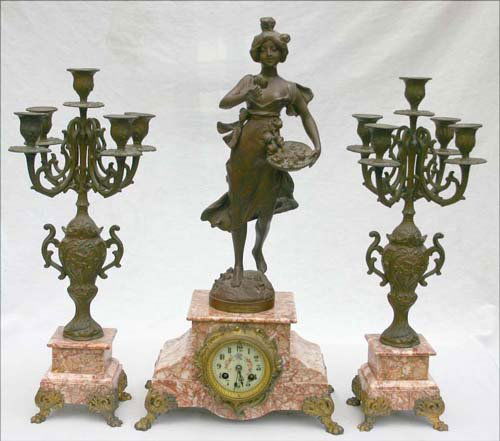 sgnd Pancetta French figural 3 pc marble garniture: sgnd Pancetta French figural 3 pc marble garniture set titled "Bouquetierre"