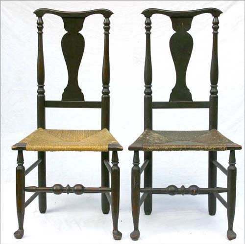 fine pr of ca 1775 CT shoreline wonderfully turned: fine pr of ca 1775 CT shoreline wonderfully turned side chairs in untouched old surface & no restoration attrib to the Durant Family of Milford, CT