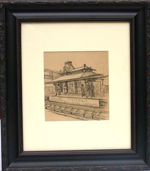 sgnd RM (attrib Reginald Marsh 1898-1954) 6 3/4 x: sgnd RM (attrib Reginald Marsh 1898-1954) 6 3/4 x 6 1/4 pen & ink & graphite titled "Mennen Shaving Creams" depicting the NYC 28th St Station
